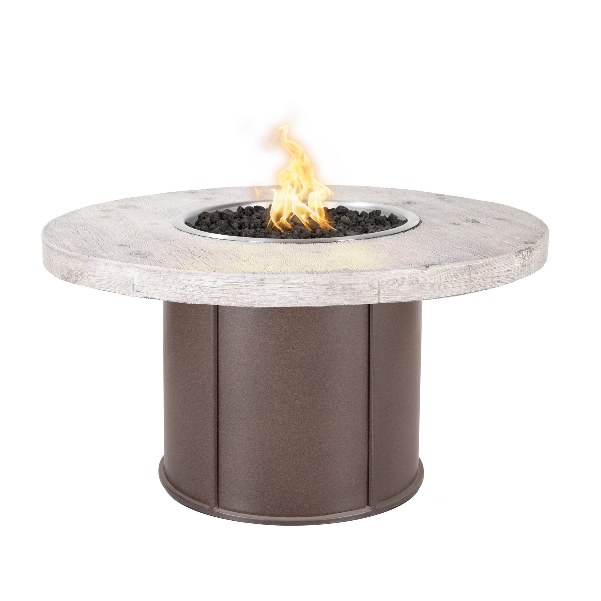 The Outdoor Plus Fresno 60" Ebony Concrete Top & Silver Vein Powder Coat Base Wood Grain GFRC Liquid Propane Fire Table with Flame Sense with Spark Ignition