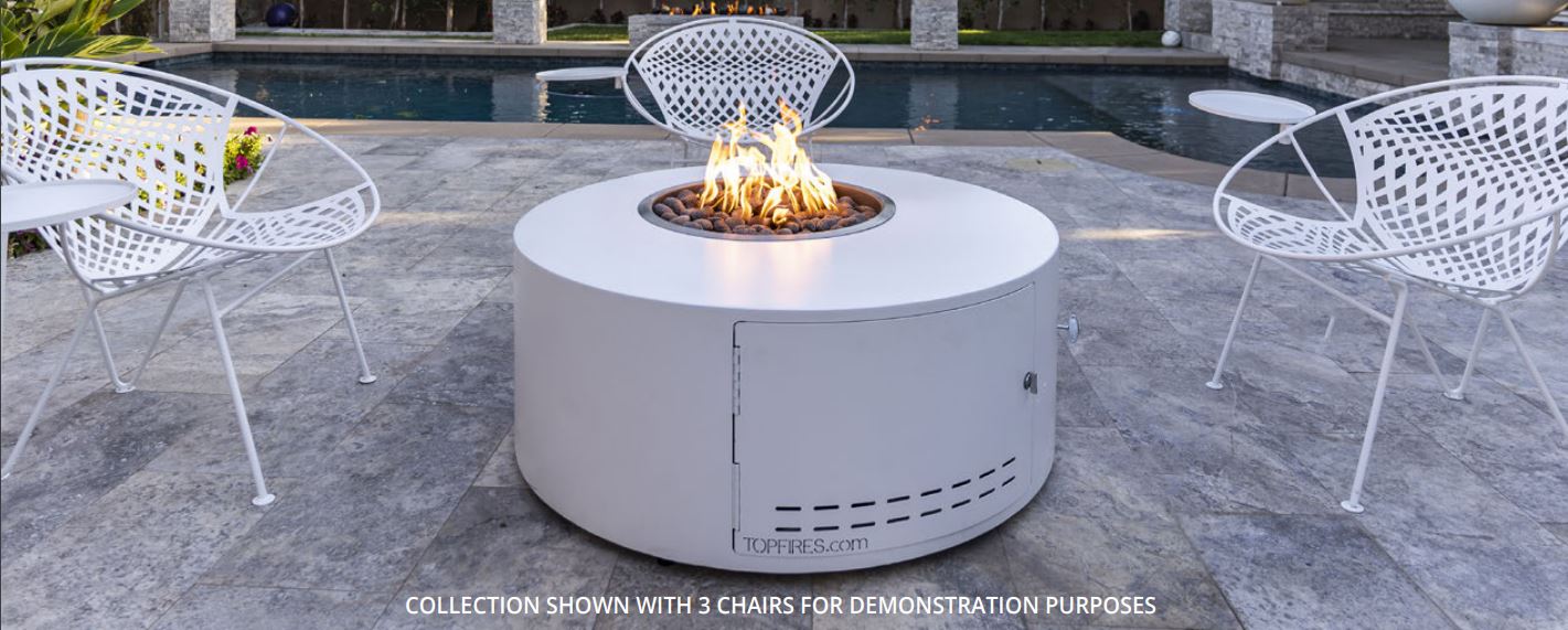 The Outdoor Plus Isla 42" Black Powder Coated Metal Liquid Propane Fire Pit with Flame Sense with Spark Ignition & Gravity Lounge Chair
