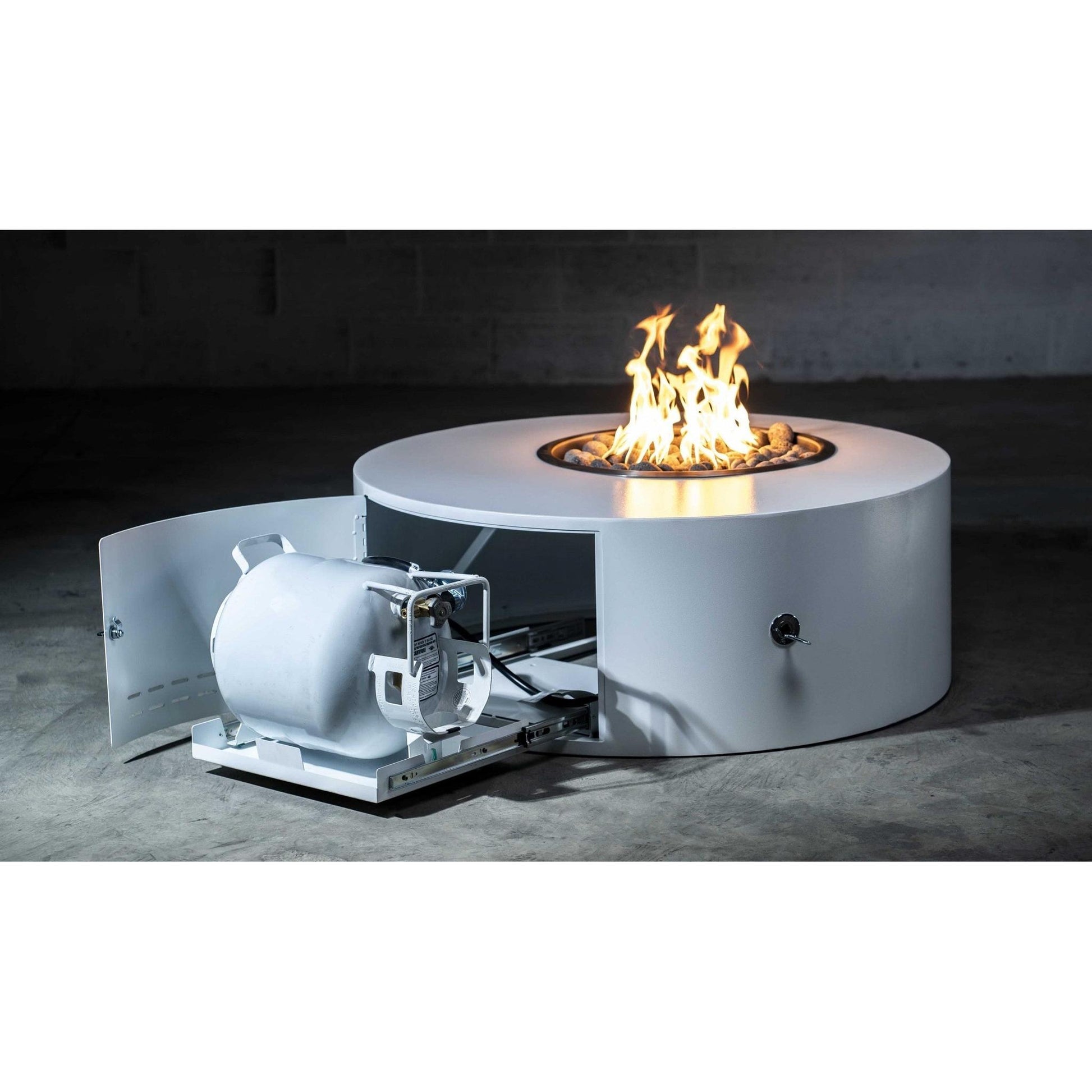 The Outdoor Plus Isla 42" Java Powder Coated Metal Liquid Propane Fire Pit with Match Lit with Flame Sense Ignition & Gravity Lounge Chair