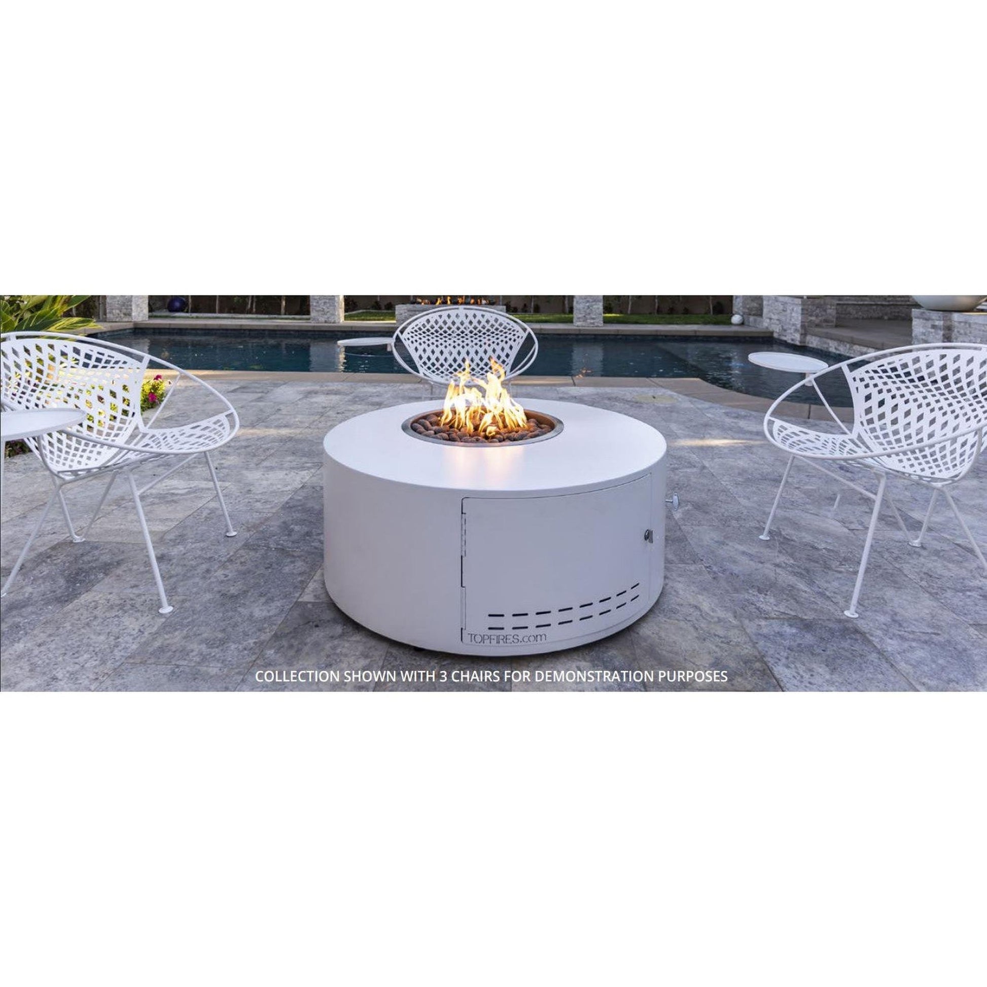 The Outdoor Plus Isla 42" Pewter Powder Coated Metal Liquid Propane Fire Pit with 110V Electronic Ignition & Gravity Lounge Chair