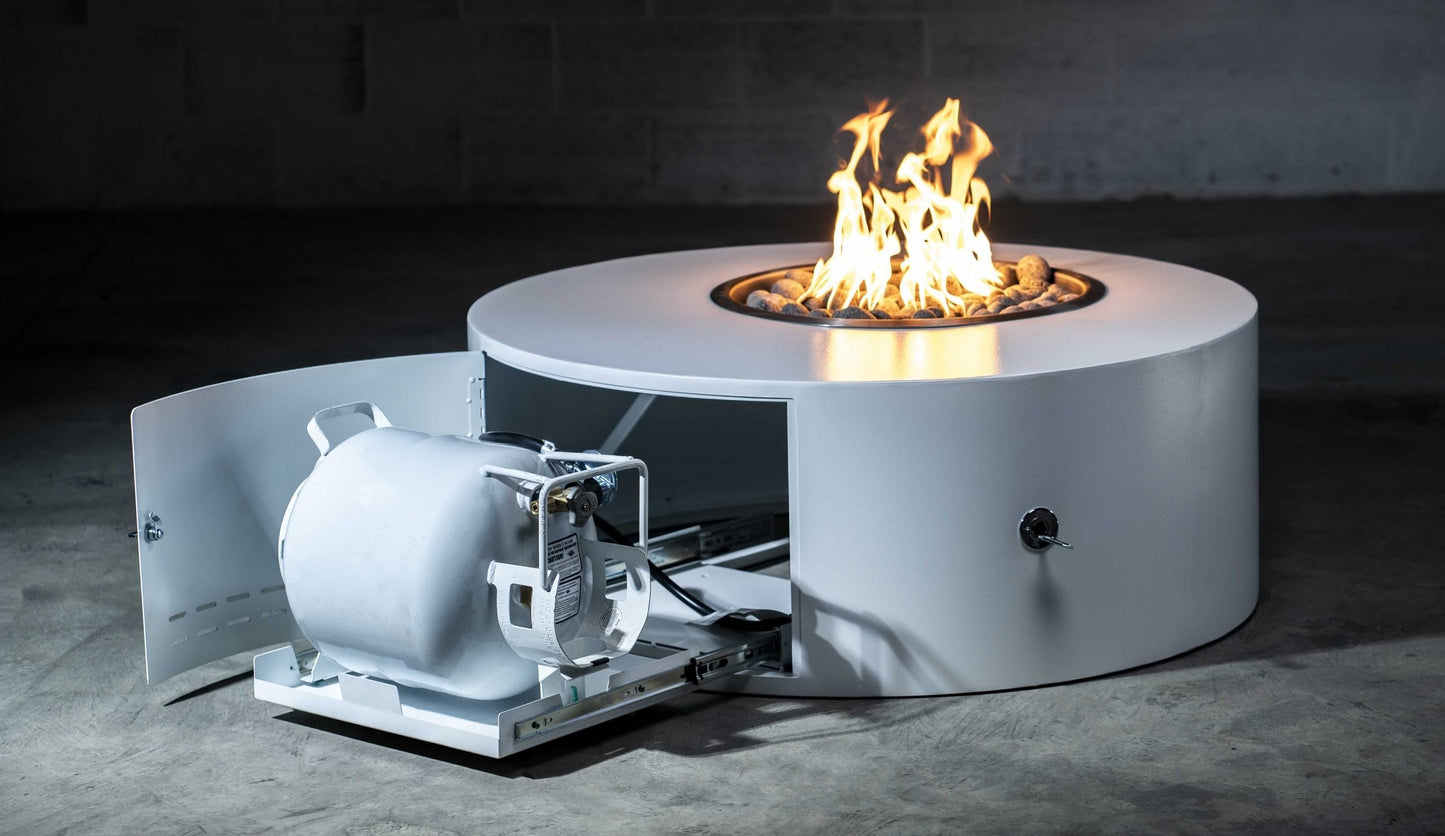The Outdoor Plus Isla 42" White Powder Coated Metal Liquid Propane Fire Pit with 110V Electronic Ignition & Gravity Lounge Chair