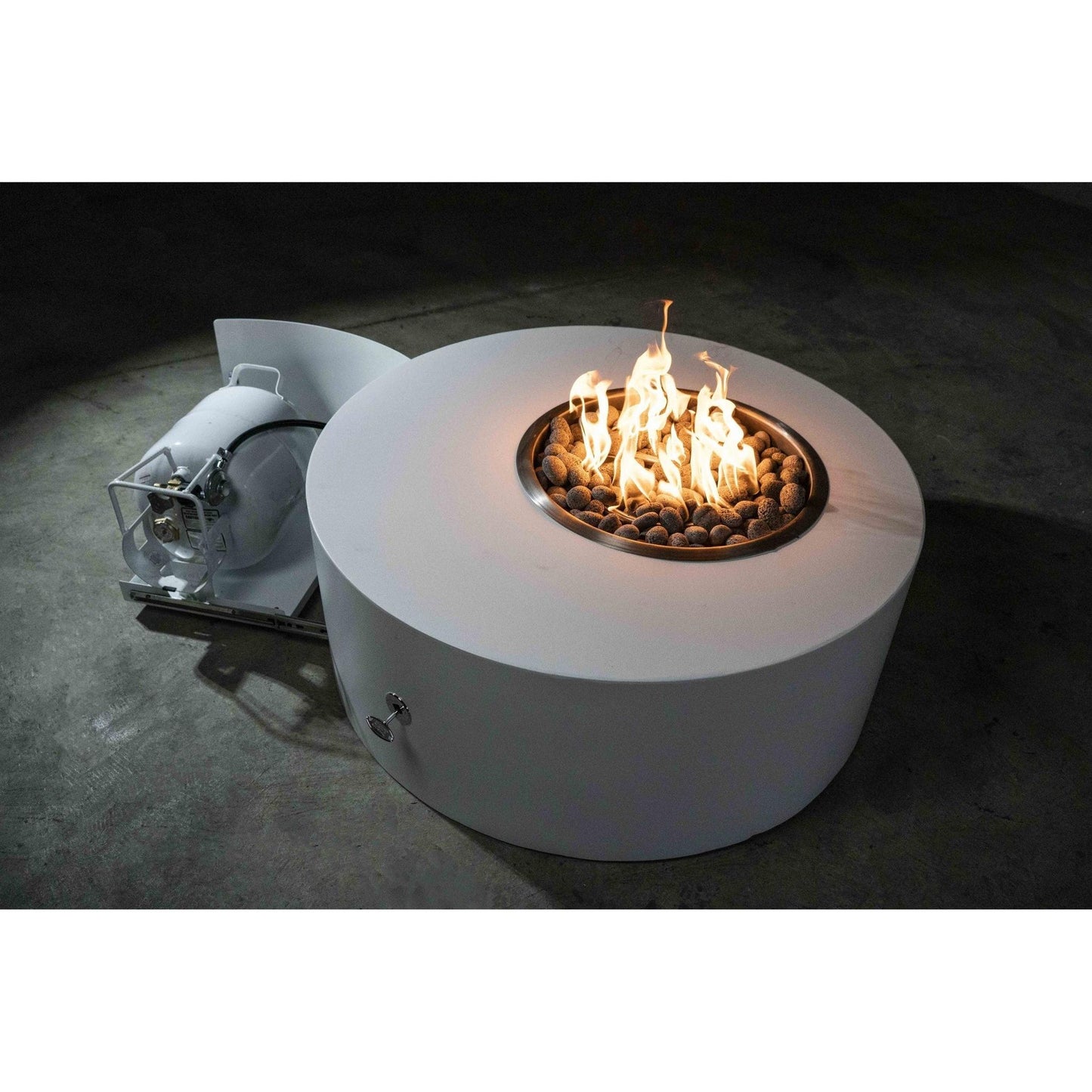 The Outdoor Plus Isla 60" Java Powder Coated Metal Liquid Propane Fire Pit with Flame Sense with Spark Ignition & Gravity Lounge Chair