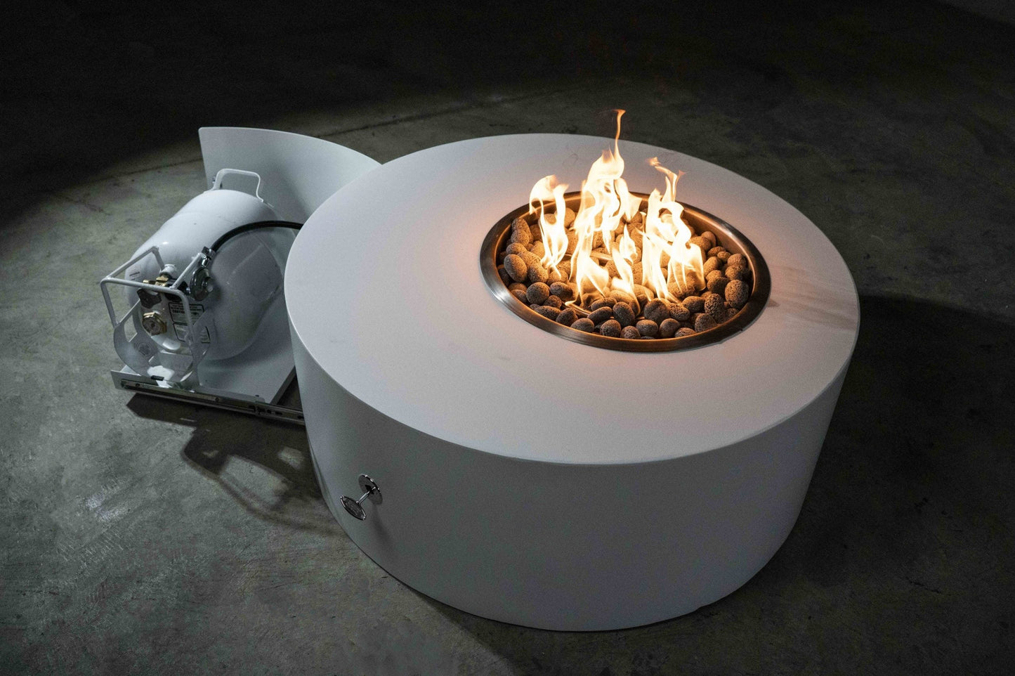 The Outdoor Plus Isla 60" White Powder Coated Metal Liquid Propane Fire Pit with 110V Electronic Ignition