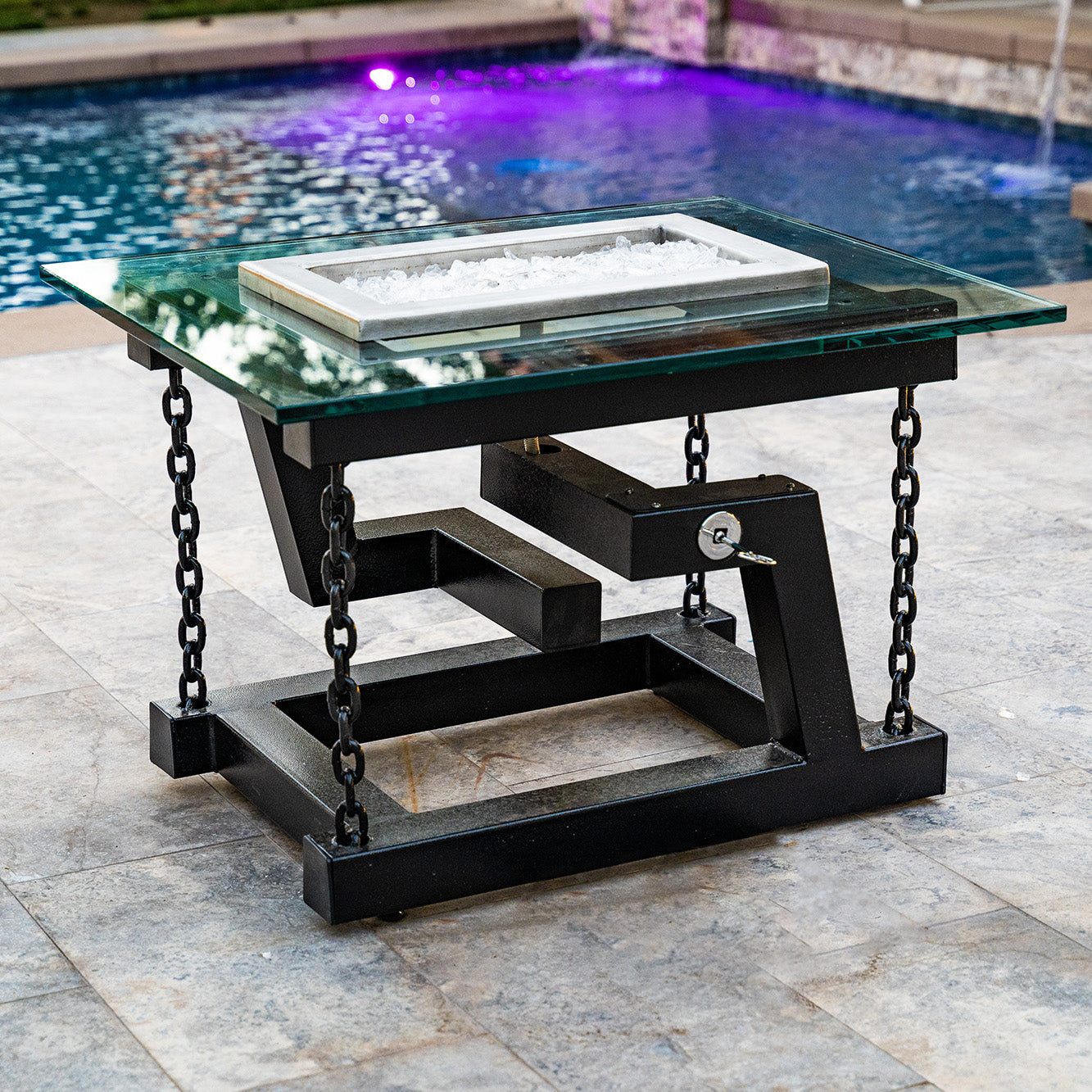 The Outdoor Plus Newton 38" Pewter Powder Coated Metal Natural Gas Fire Pit with Chain Support & Match Lit Ignition