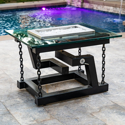 The Outdoor Plus Newton 38" White Powder Coated Metal Liquid Propane Fire Pit with Chain Support & Match Lit Ignition