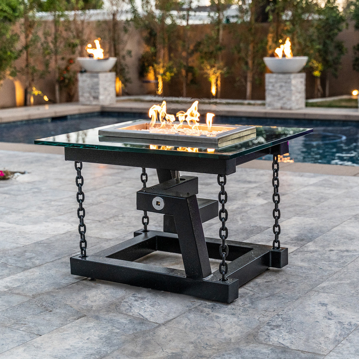 The Outdoor Plus Newton 52" Copper Vein Powder Coated Metal Liquid Propane Fire Pit with Chain Support & Match Lit Ignition