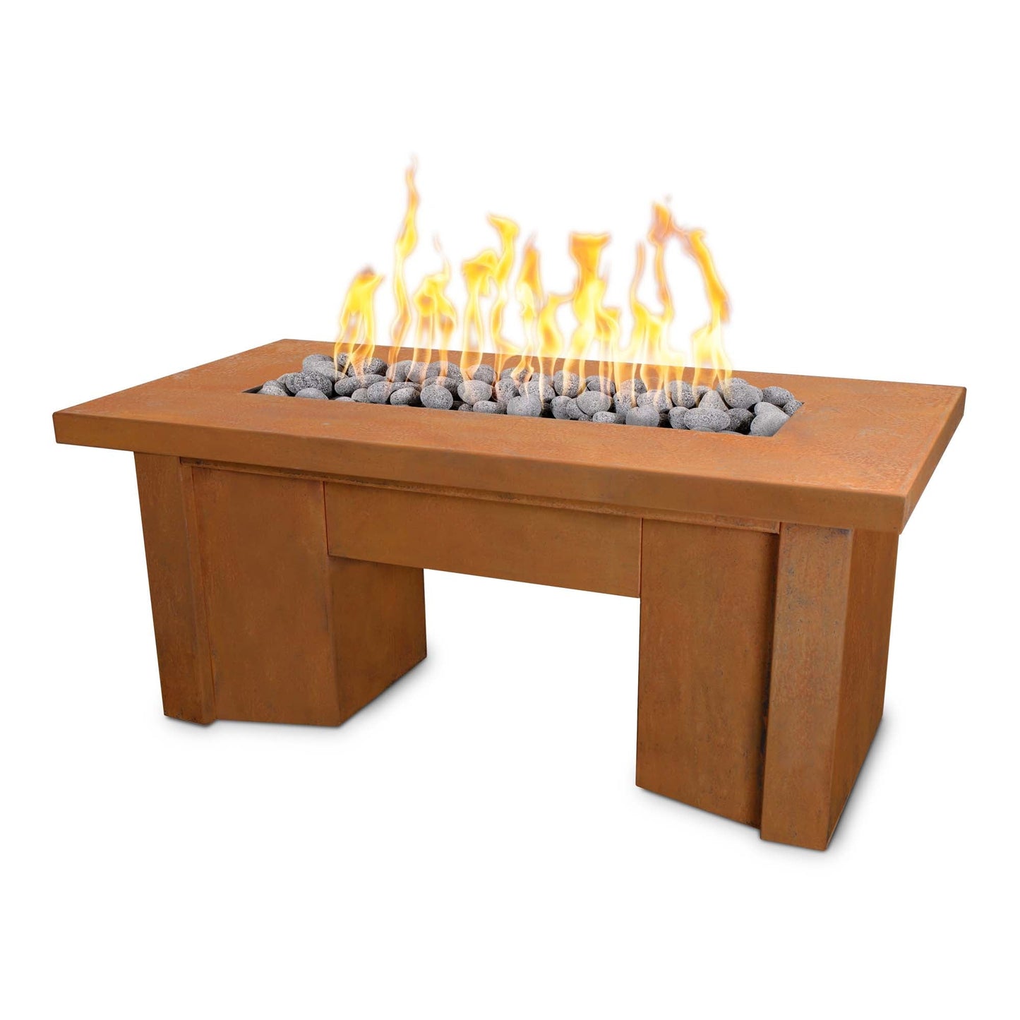 The Outdoor Plus Rectangular Alameda 48" Corten Steel Liquid Propane Fire Pit with 110V Electronic Ignition