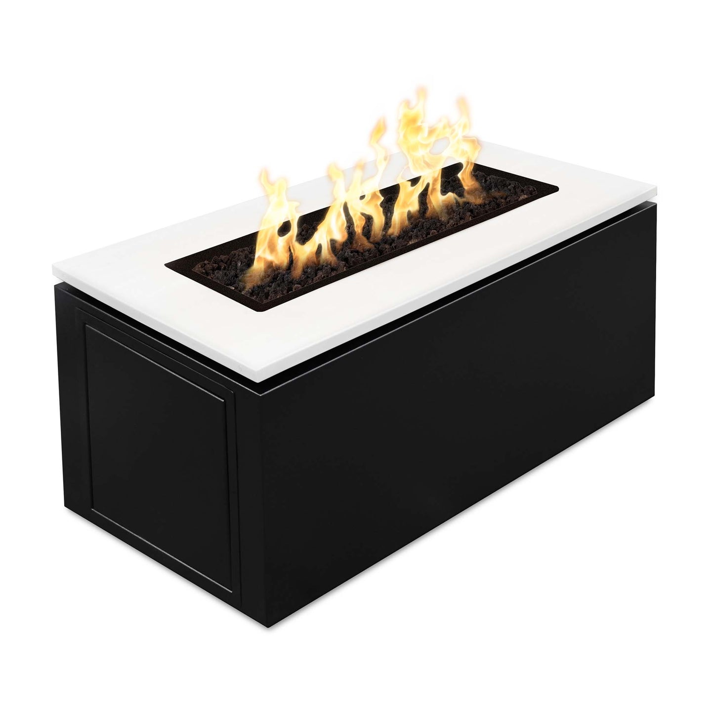 The Outdoor Plus Rectangular Merona 46" White Top & Black Base Powder Coated Metal Liquid Propane Fire Pit with 12V Electronic Ignition