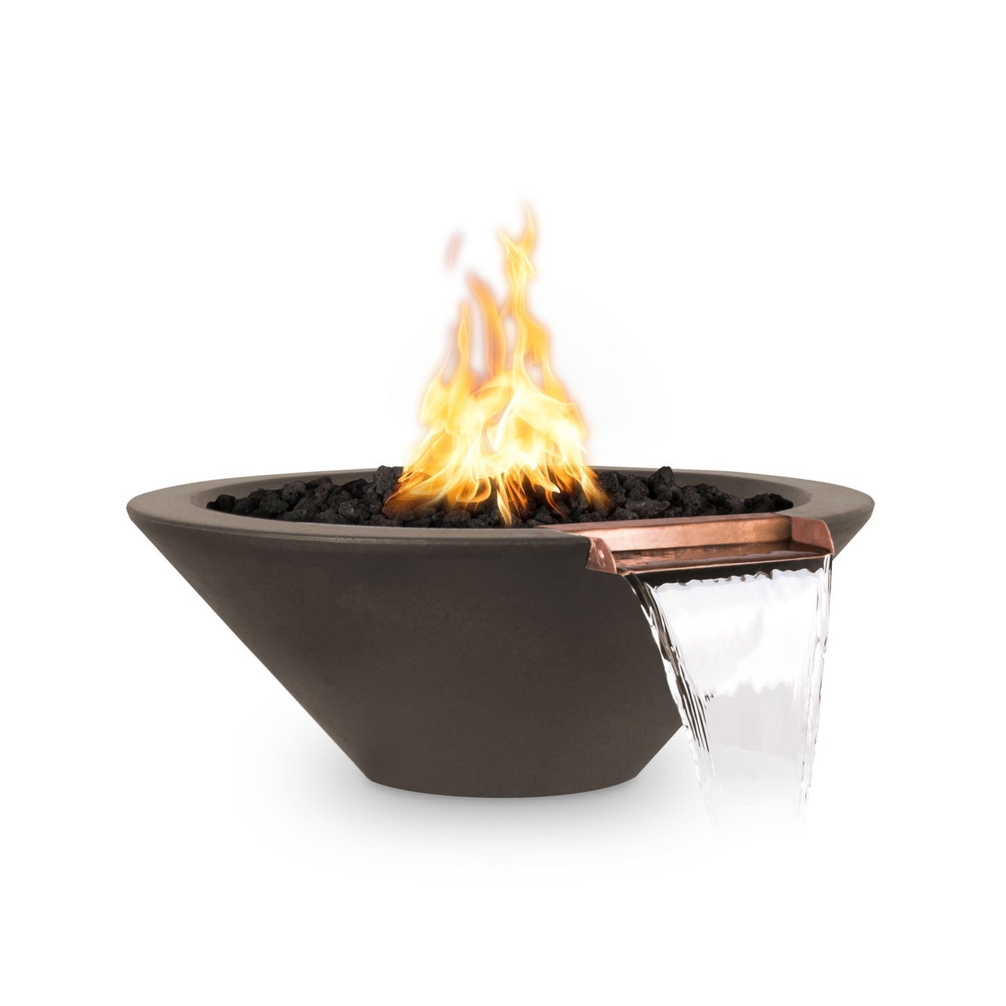 The Outdoor Plus Round Cazo 24" Metallic Copper GFRC Concrete Liquid Propane Fire & Water Bowl with Match Lit with Flame Sense Ignition