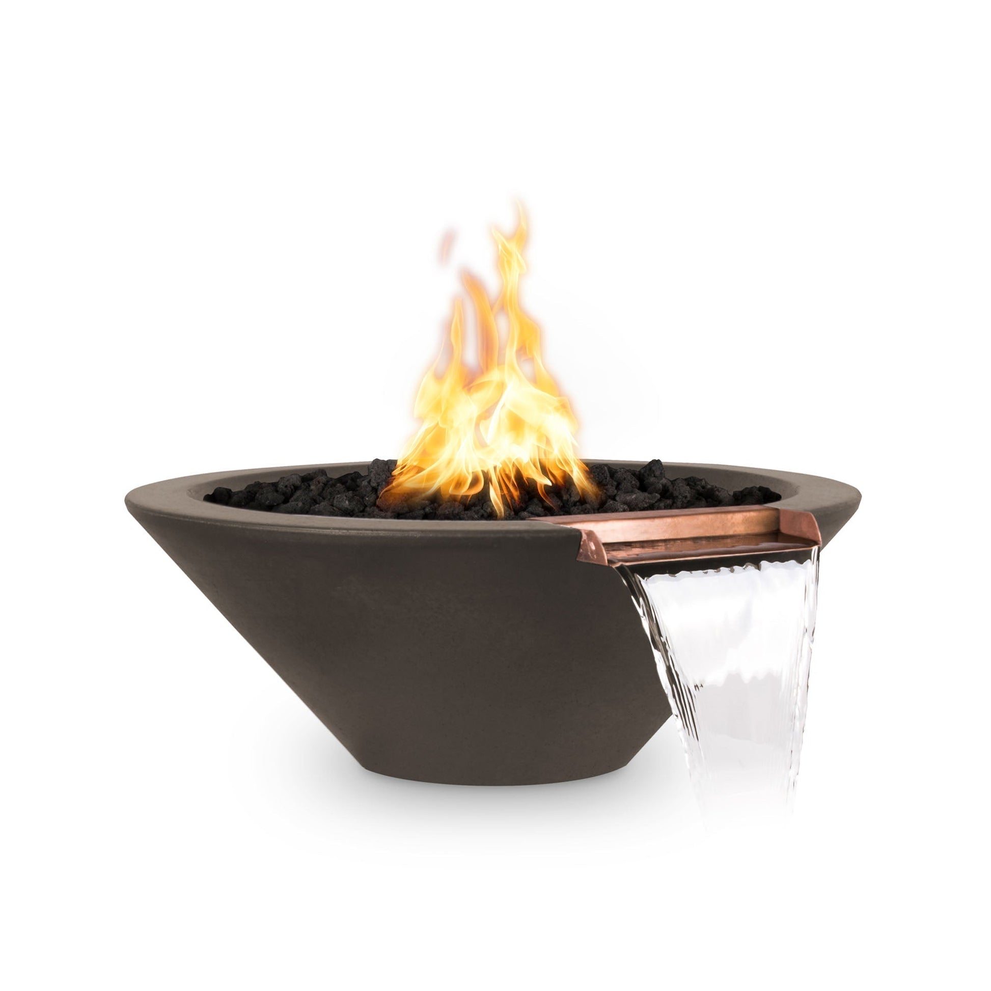 The Outdoor Plus Round Cazo 24" Metallic Copper GFRC Concrete Liquid Propane Fire & Water Bowl with Match Lit with Flame Sense Ignition