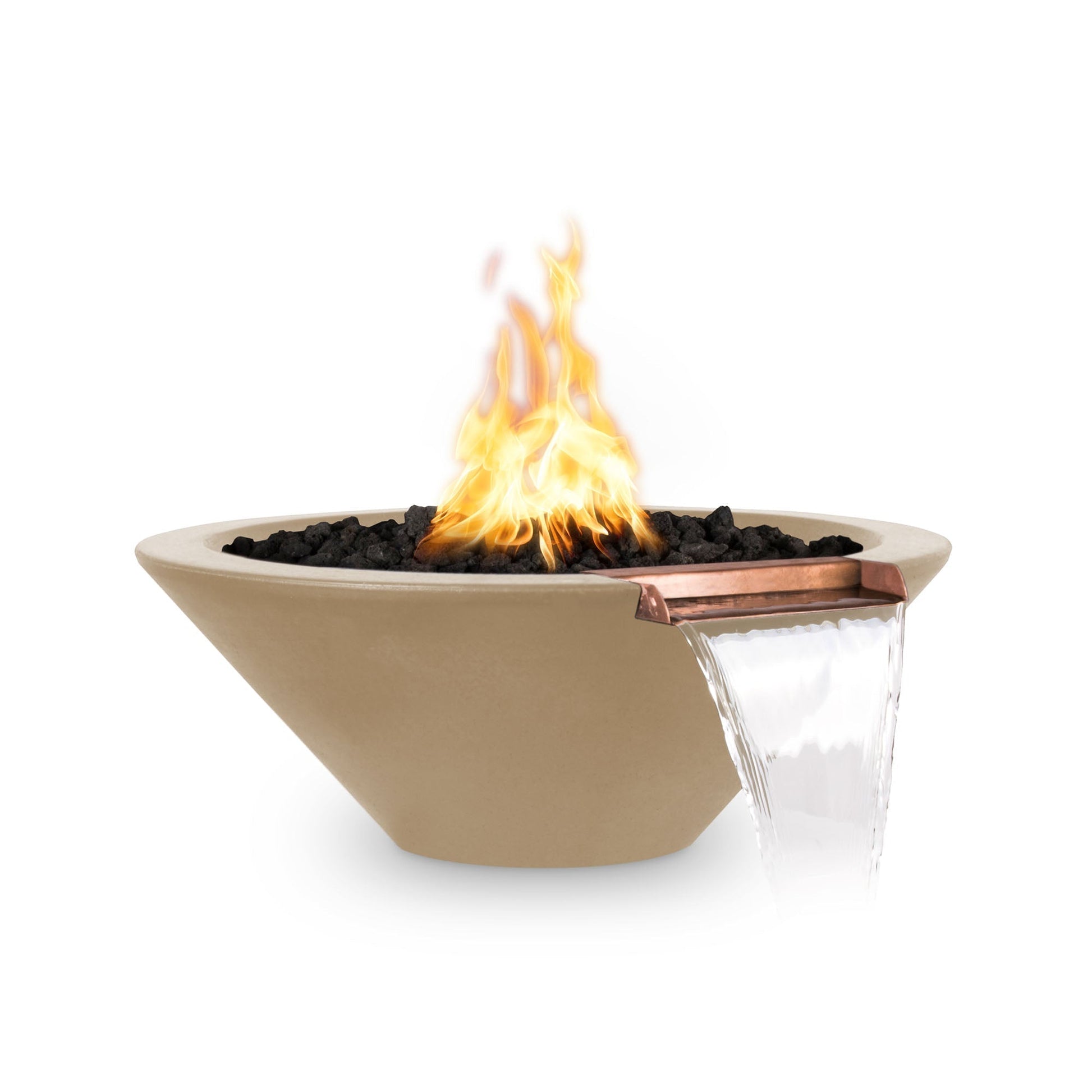The Outdoor Plus Round Cazo 24" Metallic Copper GFRC Concrete Liquid Propane Fire & Water Bowl with Match Lit with Flame Sense Ignition