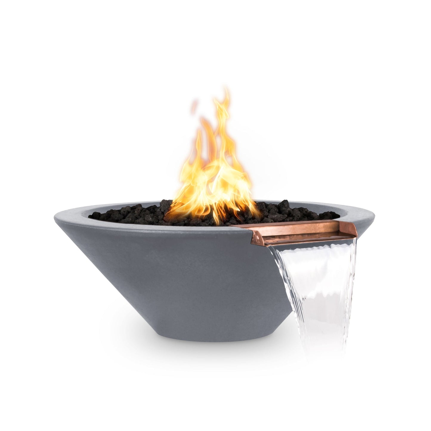 The Outdoor Plus Round Cazo 24" Metallic Copper GFRC Concrete Liquid Propane Fire & Water Bowl with Match Lit with Flame Sense Ignition