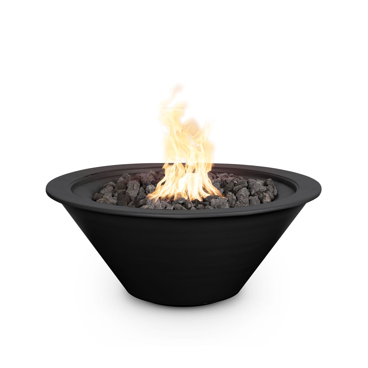 The Outdoor Plus Round Cazo 30" Gray Powder Coated Metal Liquid Propane Fire Bowl with Match Lit with Flame Sense Ignition
