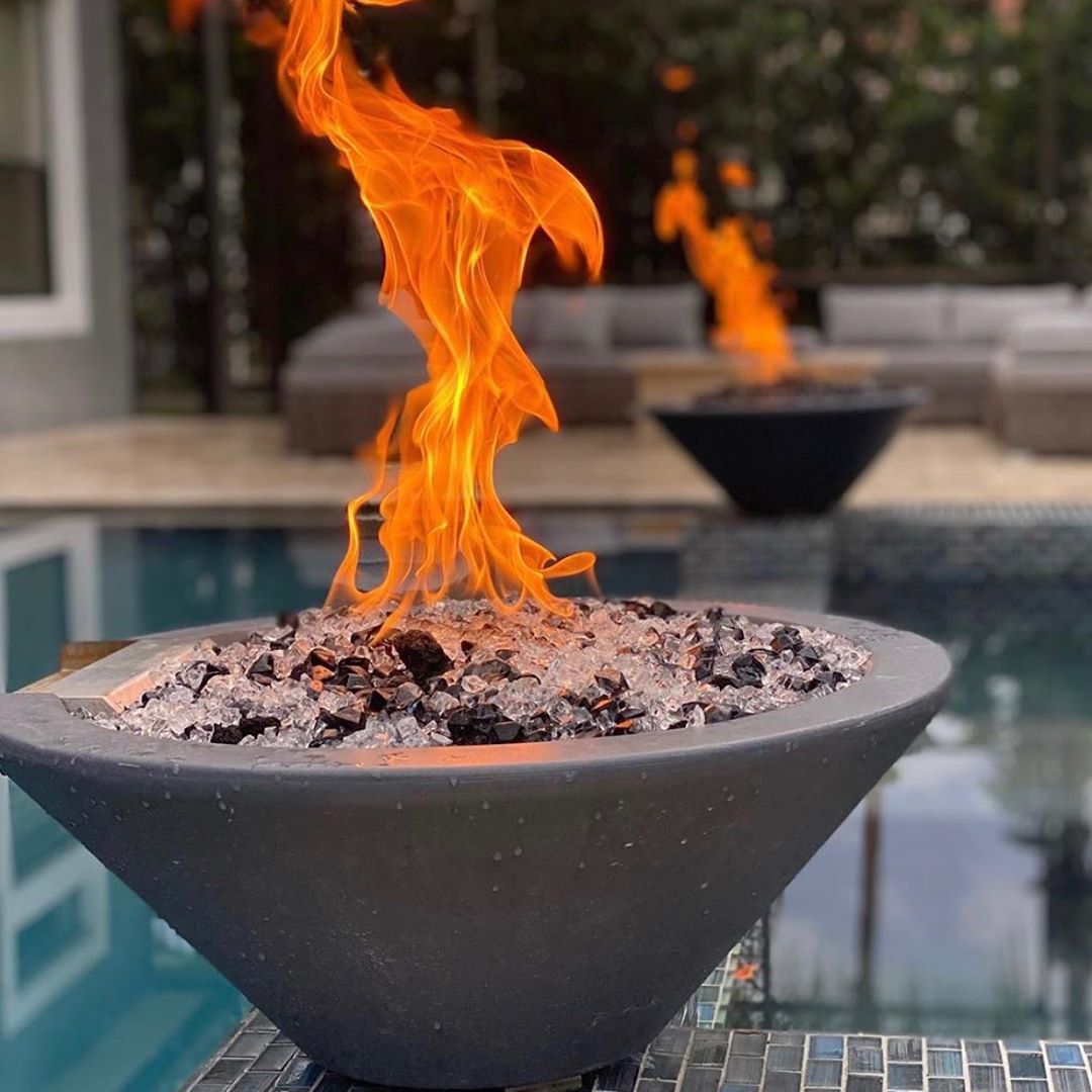 The Outdoor Plus Round Cazo 36" Metallic Slate GFRC Concrete Natural Gas Fire Bowl with Match Lit with Flame Sense Ignition
