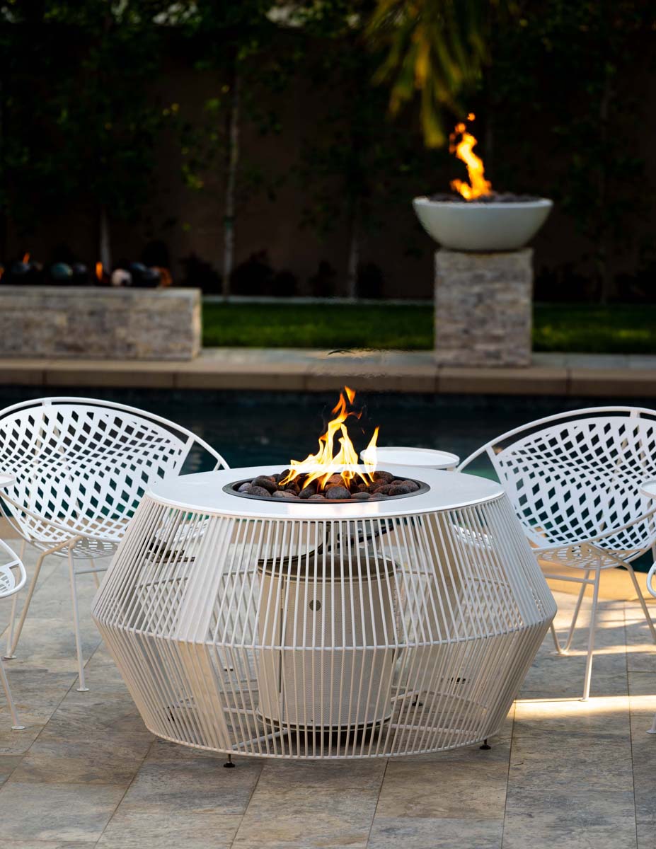 The Outdoor Plus Round Cesto 48" Black & White Powder Coated Metal Liquid Propane Fire Pit with 110V Electronic Ignition
