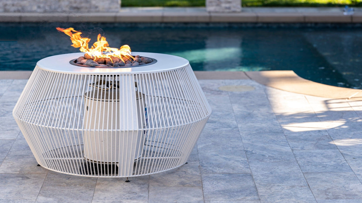 The Outdoor Plus Round Cesto 48" Black & White Powder Coated Metal Liquid Propane Fire Pit with Flame Sense with Spark Ignition