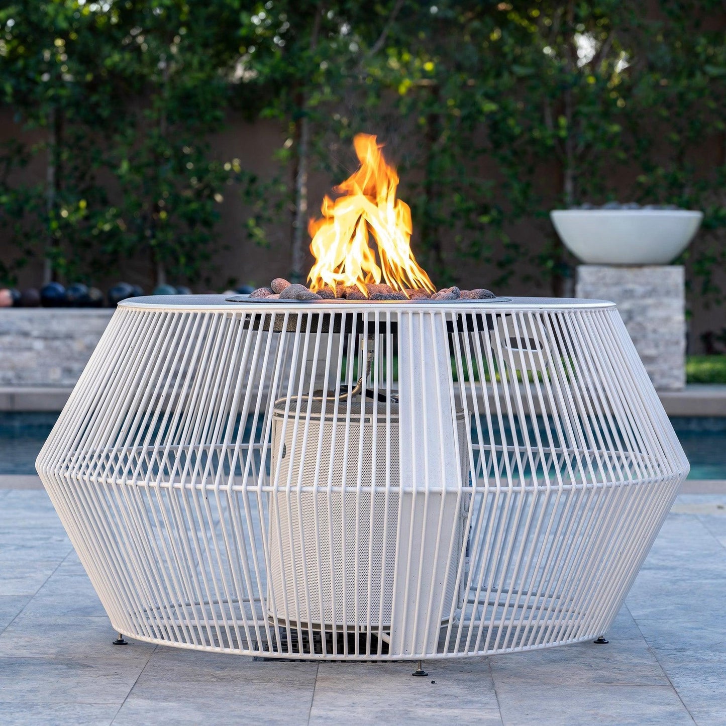 The Outdoor Plus Round Cesto 60" Black & White Powder Coated Metal Liquid Propane Fire Pit with 110V Electronic Ignition