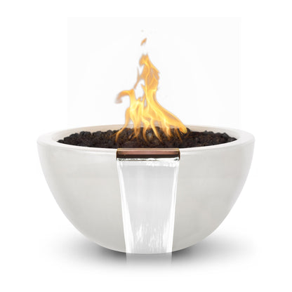 The Outdoor Plus Round Luna 30" Brown GFRC Concrete Liquid Propane Fire & Water Bowl with Match Lit with Flame Sense Ignition