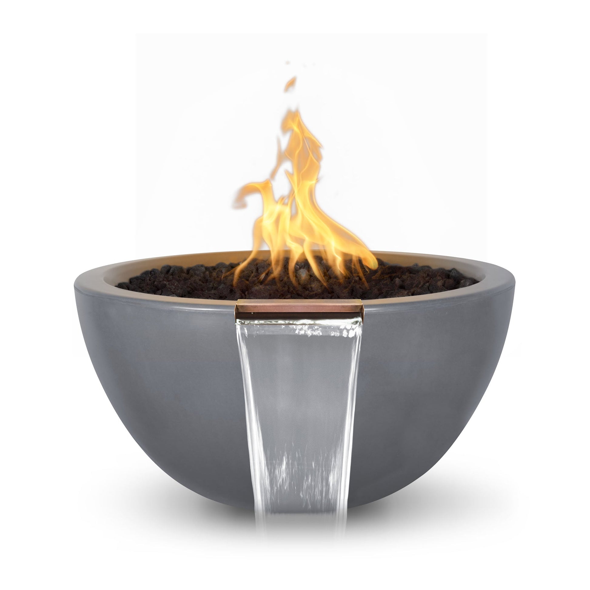 The Outdoor Plus Round Luna 30" Brown GFRC Concrete Liquid Propane Fire & Water Bowl with Match Lit with Flame Sense Ignition