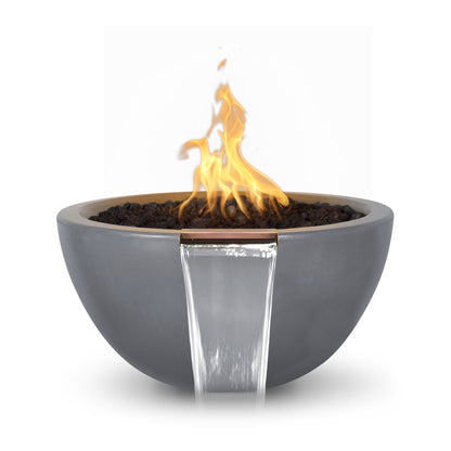 The Outdoor Plus Round Luna 30" Chestnut GFRC Concrete Liquid Propane Fire & Water Bowl with Match Lit with Flame Sense Ignition