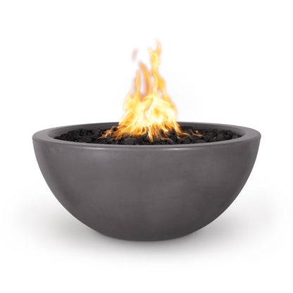 The Outdoor Plus Round Luna 30" Gray GFRC Concrete Liquid Propane Fire Bowl with Match Lit with Flame Sense Ignition