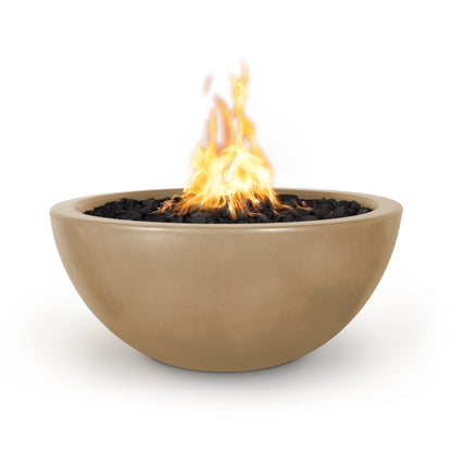 The Outdoor Plus Round Luna 30" Gray GFRC Concrete Liquid Propane Fire Bowl with Match Lit with Flame Sense Ignition
