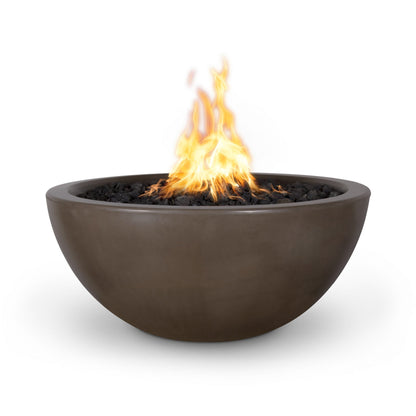 The Outdoor Plus Round Luna 30" Metallic Bronze GFRC Concrete Liquid Propane Fire Bowl with Match Lit with Flame Sense Ignition