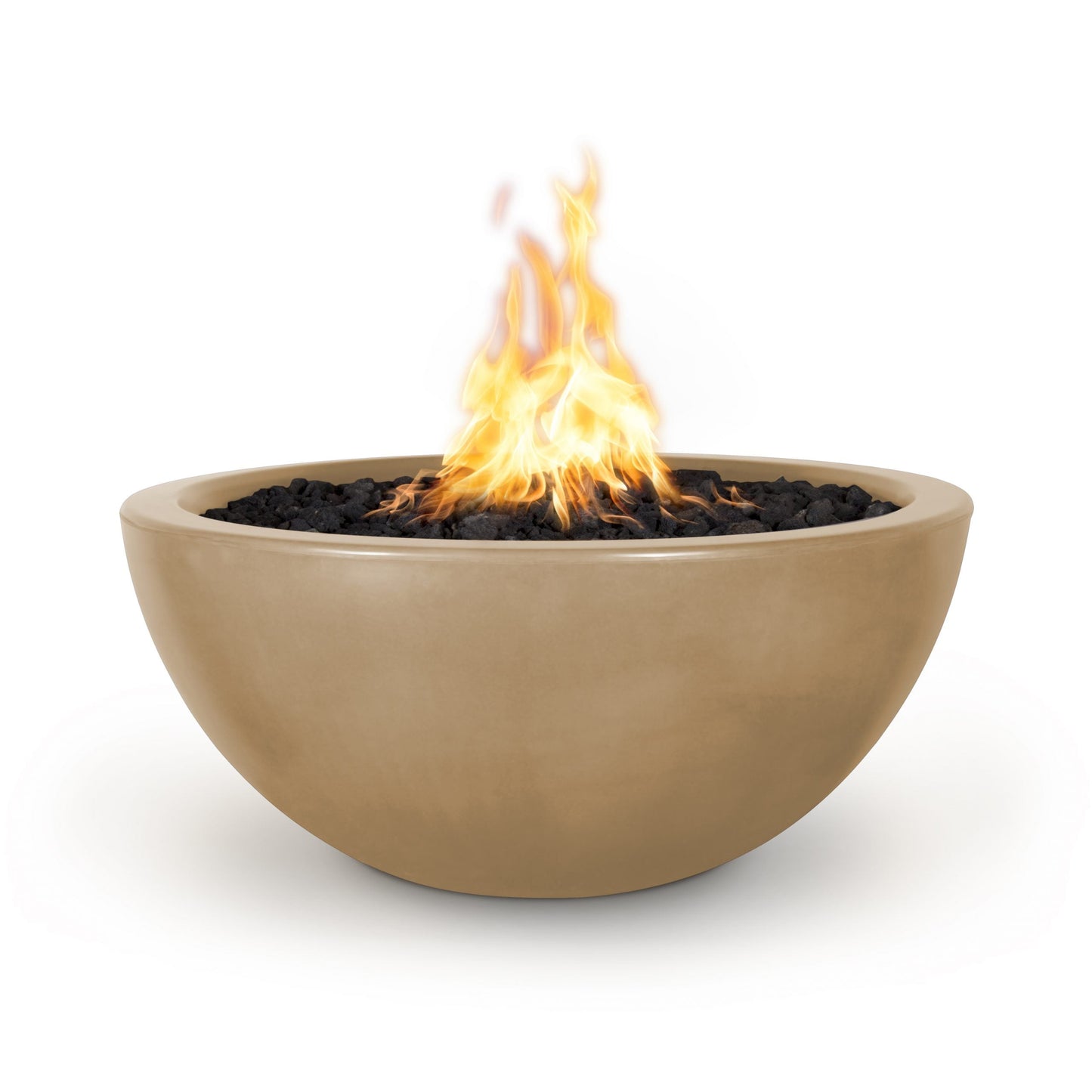 The Outdoor Plus Round Luna 30" Metallic Bronze GFRC Concrete Liquid Propane Fire Bowl with Match Lit with Flame Sense Ignition