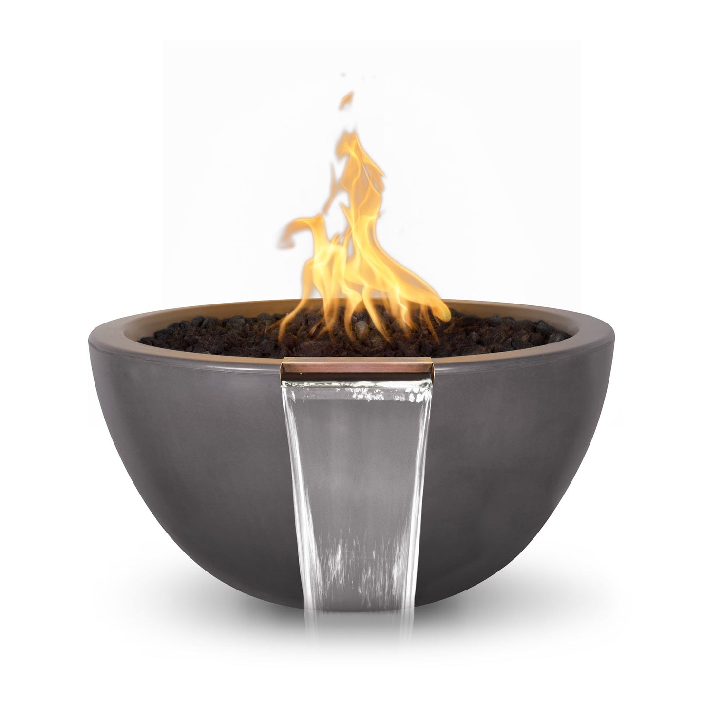 The Outdoor Plus Round Luna 30" Metallic Bronze GFRC Concrete Liquid Propane Fire & Water Bowl with Match Lit with Flame Sense Ignition