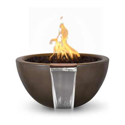 The Outdoor Plus Round Luna 30" Metallic Bronze GFRC Concrete Natural Gas Fire & Water Bowl with Match Lit with Flame Sense Ignition