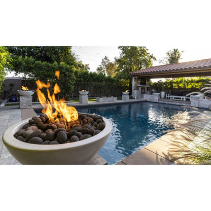 The Outdoor Plus Round Luna 30" Metallic Copper GFRC Concrete Natural Gas Fire Bowl with Match Lit with Flame Sense Ignition