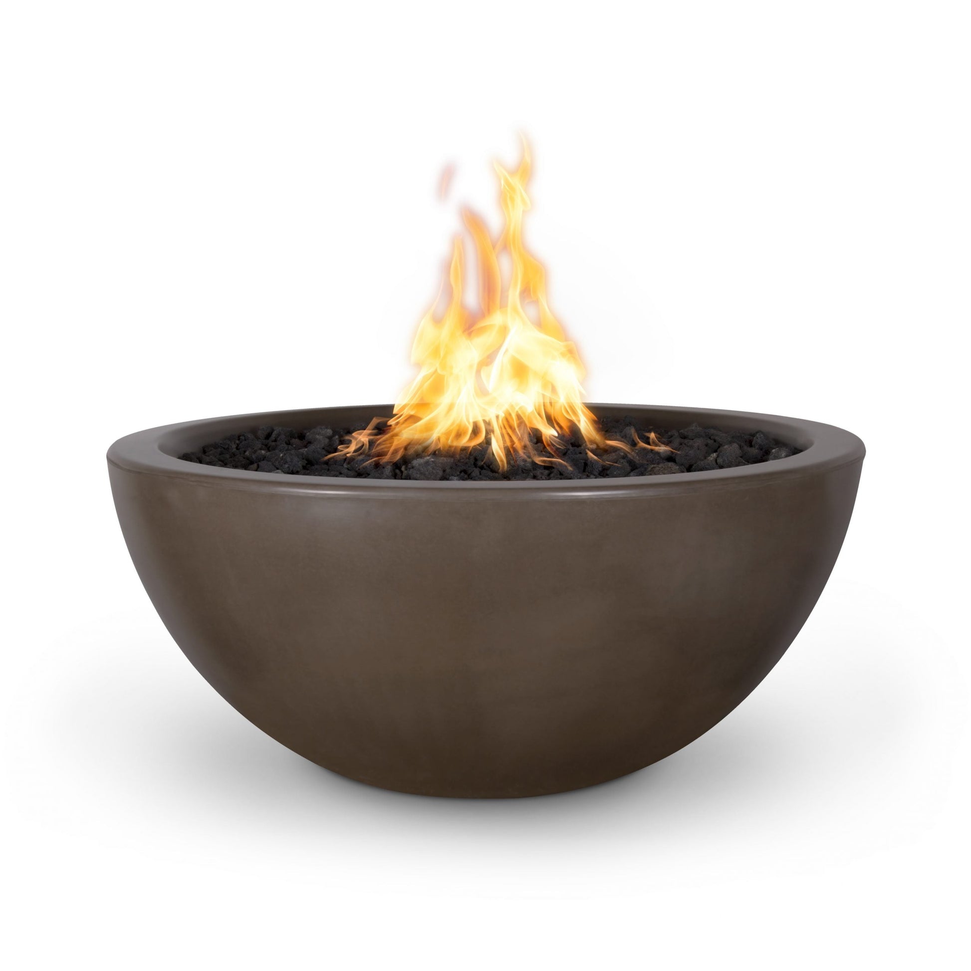 The Outdoor Plus Round Luna 30" Metallic Silver GFRC Concrete Liquid Propane Fire Bowl with Match Lit with Flame Sense Ignition