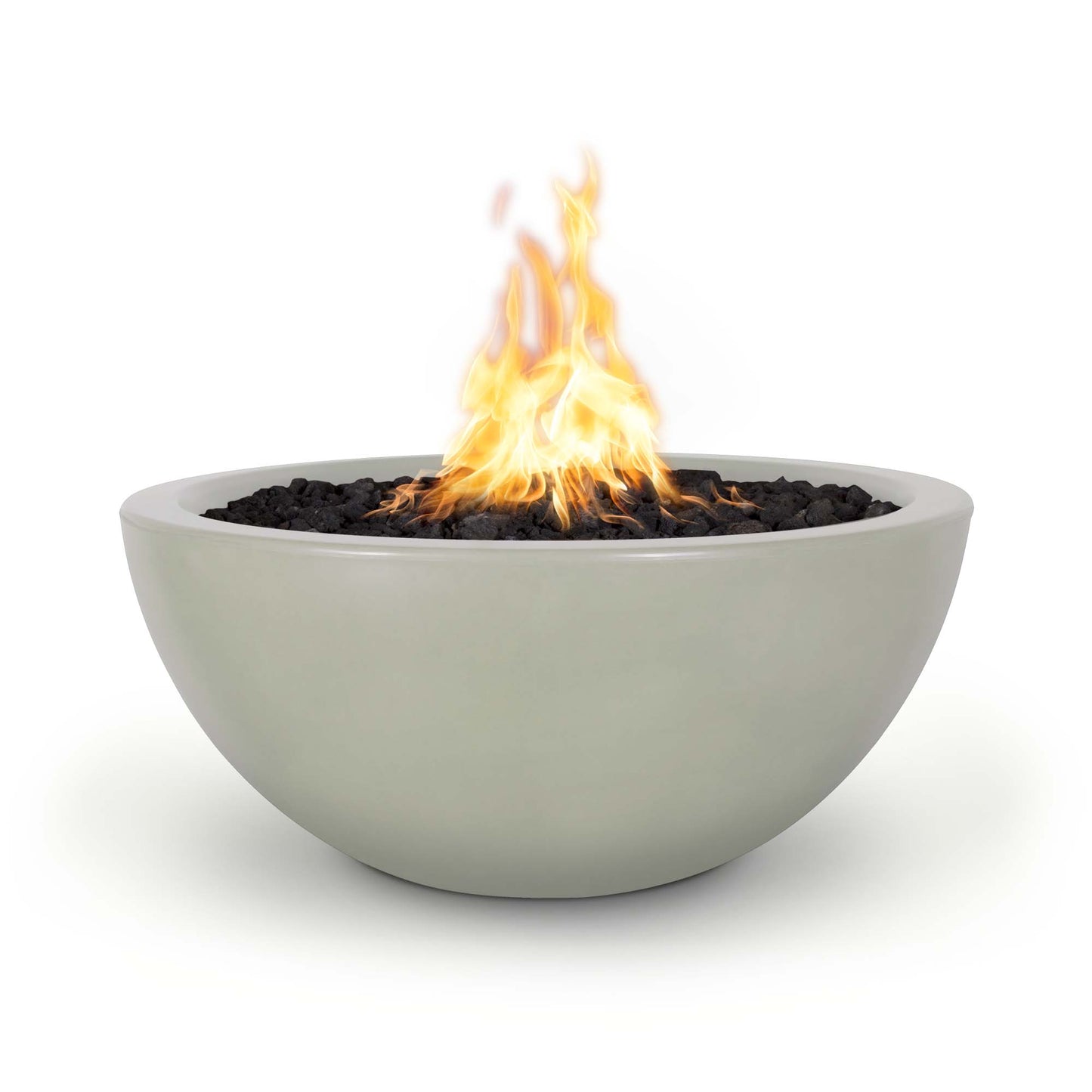 The Outdoor Plus Round Luna 30" Metallic Silver GFRC Concrete Liquid Propane Fire Bowl with Match Lit with Flame Sense Ignition