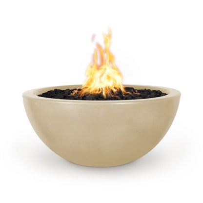 The Outdoor Plus Round Luna 30" Vanilla GFRC Concrete Liquid Propane Fire Bowl with Match Lit with Flame Sense Ignition