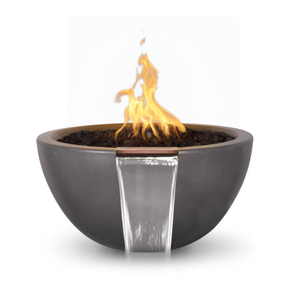 The Outdoor Plus Round Luna 38" Brown GFRC Concrete Liquid Propane Fire & Water Bowl with Match Lit with Flame Sense Ignition