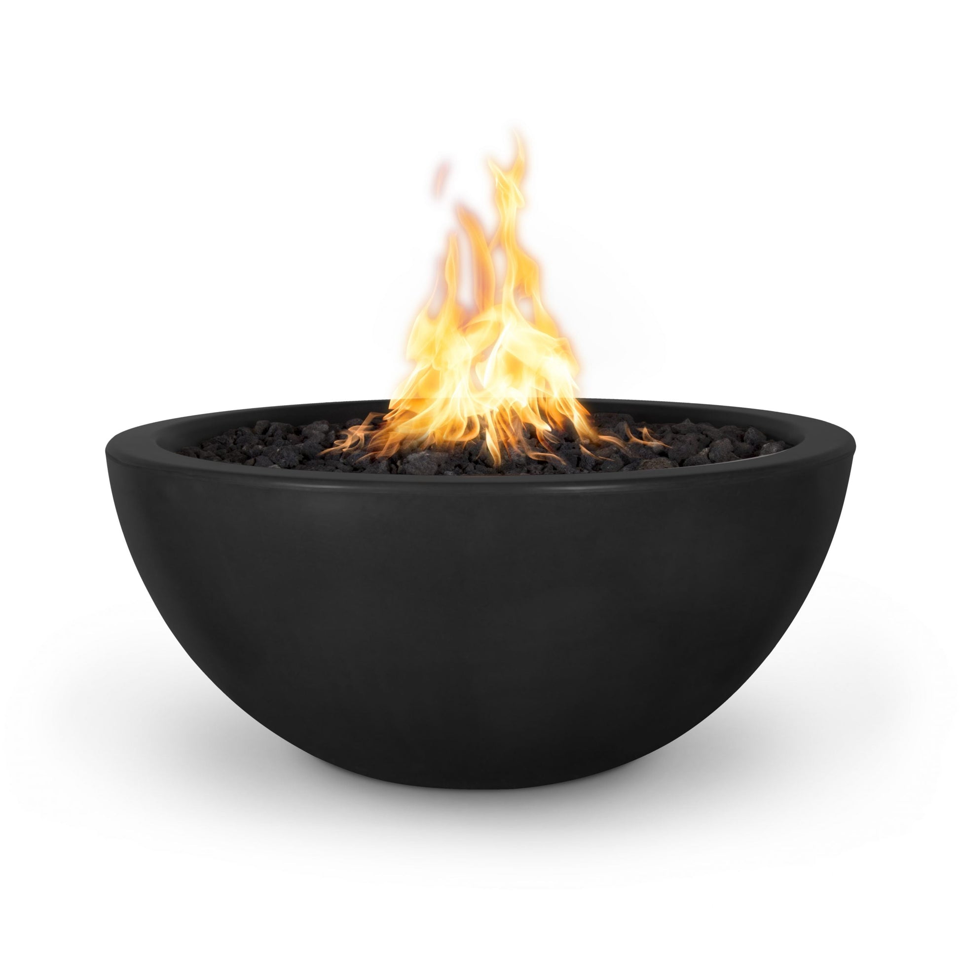 The Outdoor Plus Round Luna 38" Chocolate GFRC Concrete Liquid Propane Fire Bowl with Match Lit with Flame Sense Ignition