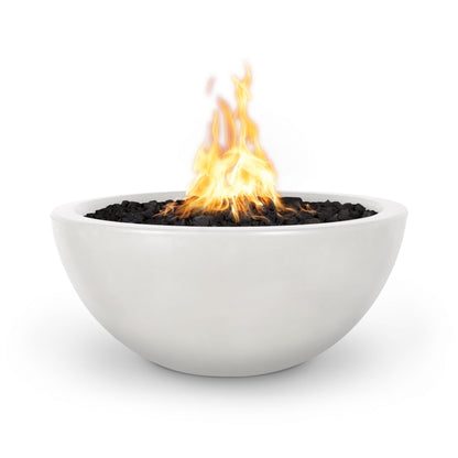 The Outdoor Plus Round Luna 38" Chocolate GFRC Concrete Liquid Propane Fire Bowl with Match Lit with Flame Sense Ignition