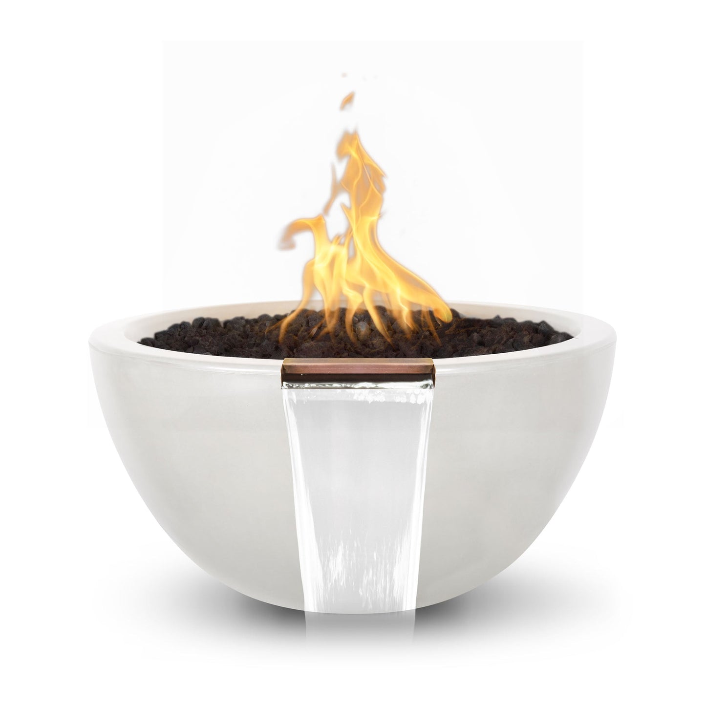 The Outdoor Plus Round Luna 38" White GFRC Concrete Liquid Propane Fire & Water Bowl with Match Lit with Flame Sense Ignition