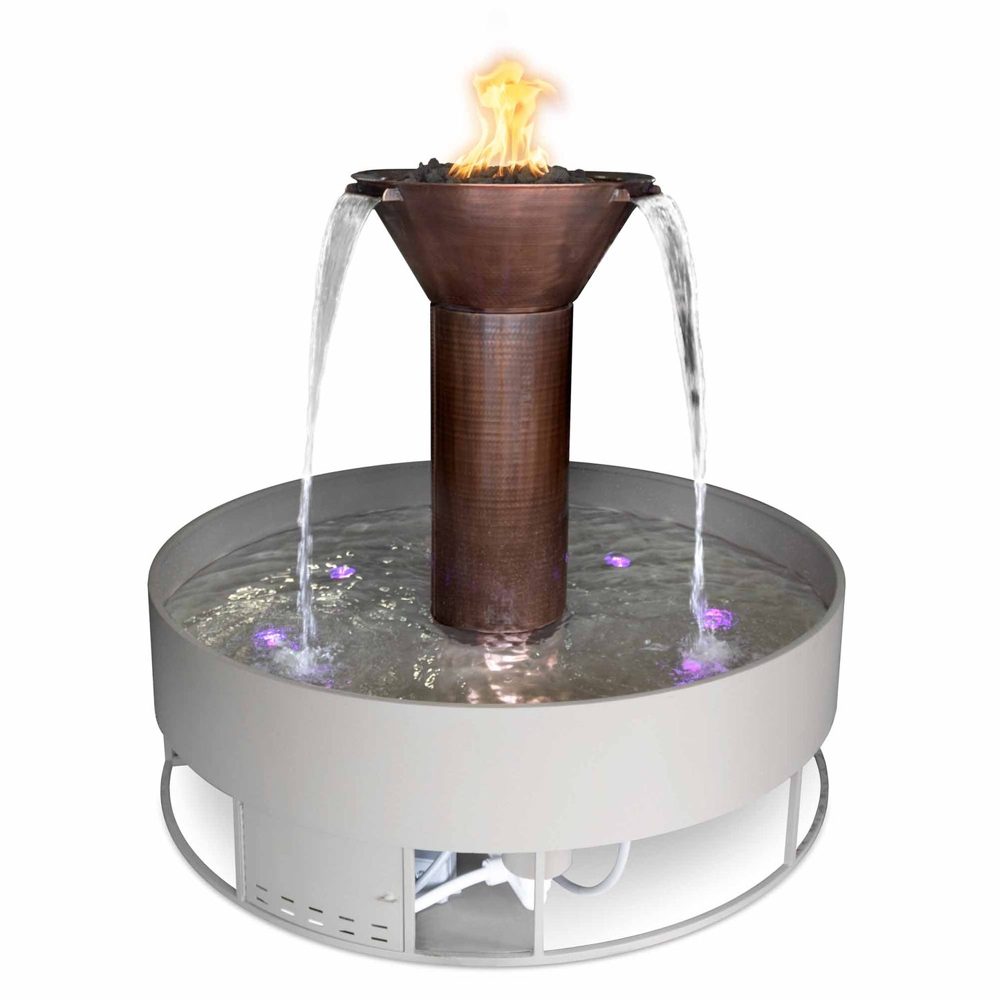 The Outdoor Plus Round Olympian 60" Copper Liquid Propane Fire & Water 3-way Spill Fountain with 12V Electronic Ignition