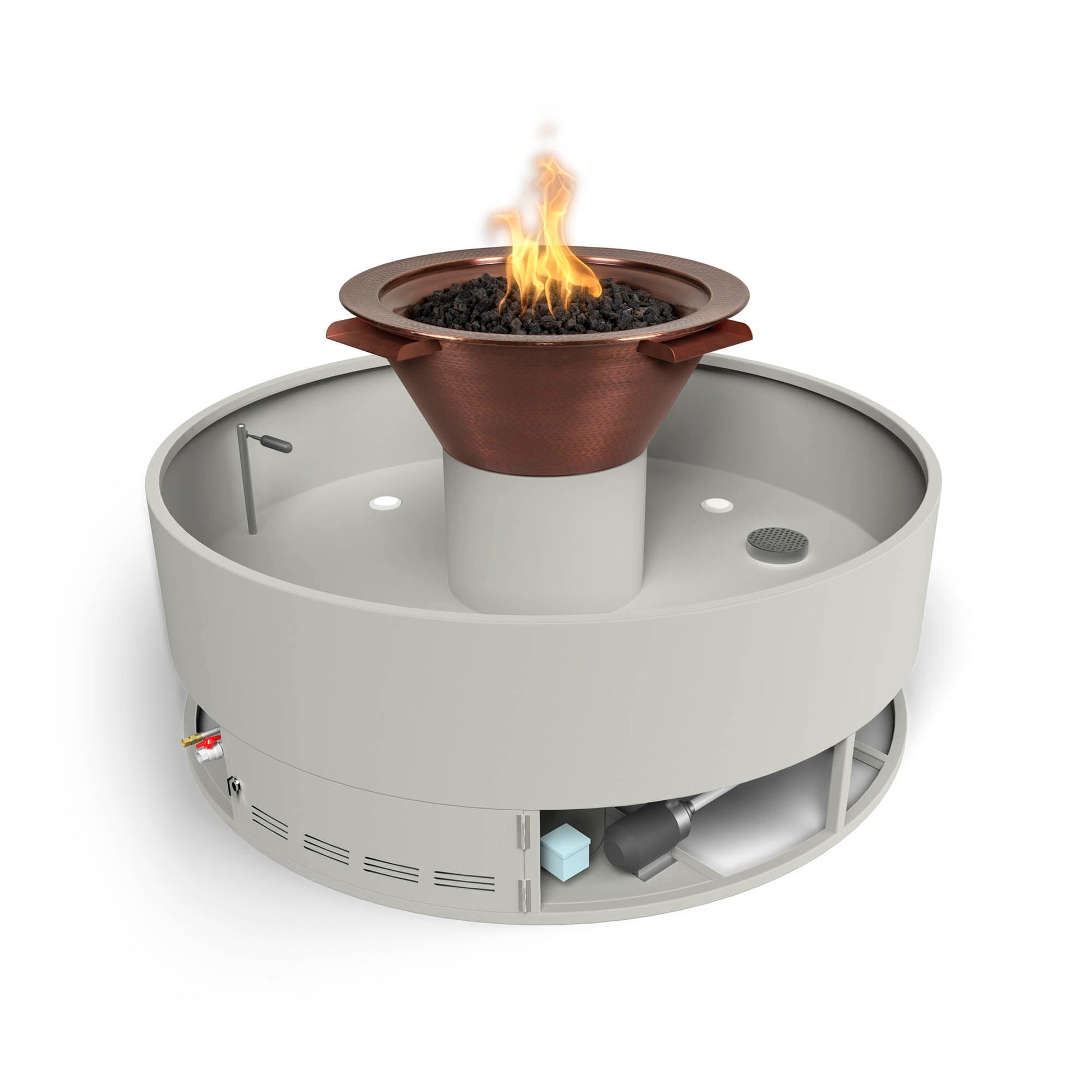 The Outdoor Plus Round Olympian 60" Copper Natural Gas Fire & 4-Way Spill Water Fountain with 12V Electronic Ignition