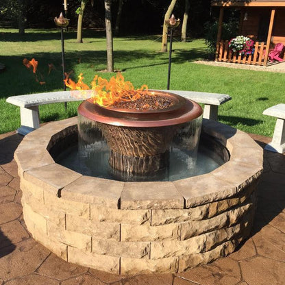 The Outdoor Plus Round Olympian 86" Copper Liquid Propane Fire & Water 360° Spill Fountain with 12V Electronic Ignition