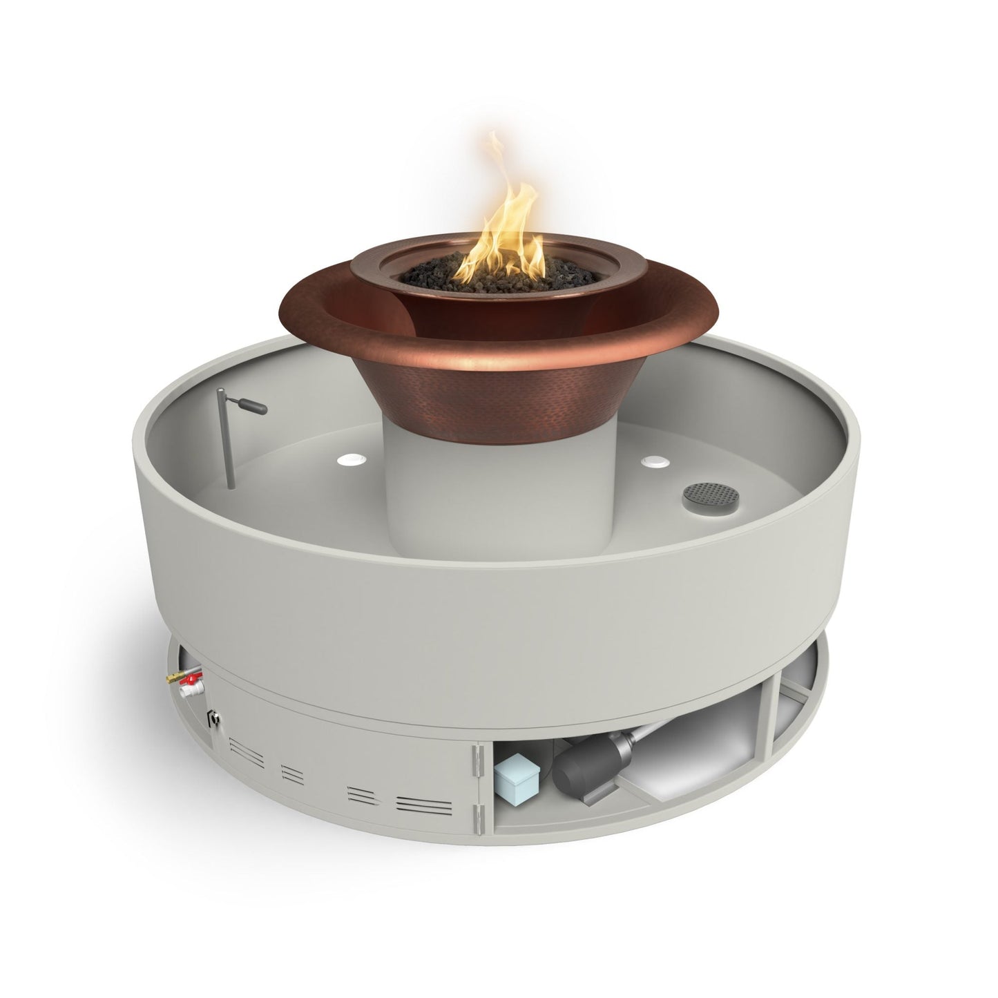 The Outdoor Plus Round Olympian 86" Copper Liquid Propane Fire & Water 360° Spill Fountain with 12V Electronic Ignition
