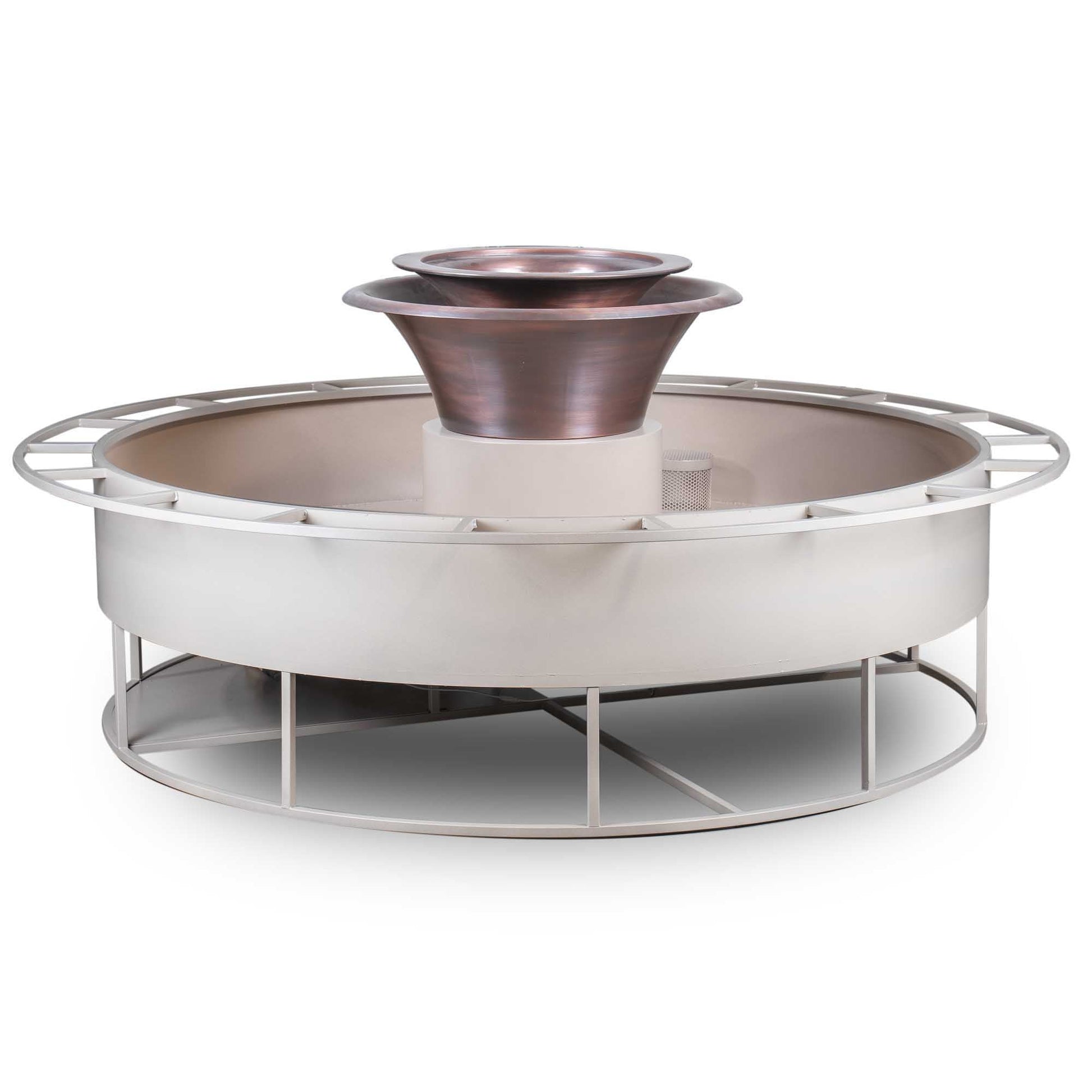 The Outdoor Plus Round Olympian 86" White GFRC Concrete Natural Gas Fire & Water 360° Spill Fountain with 12V Electronic Ignition