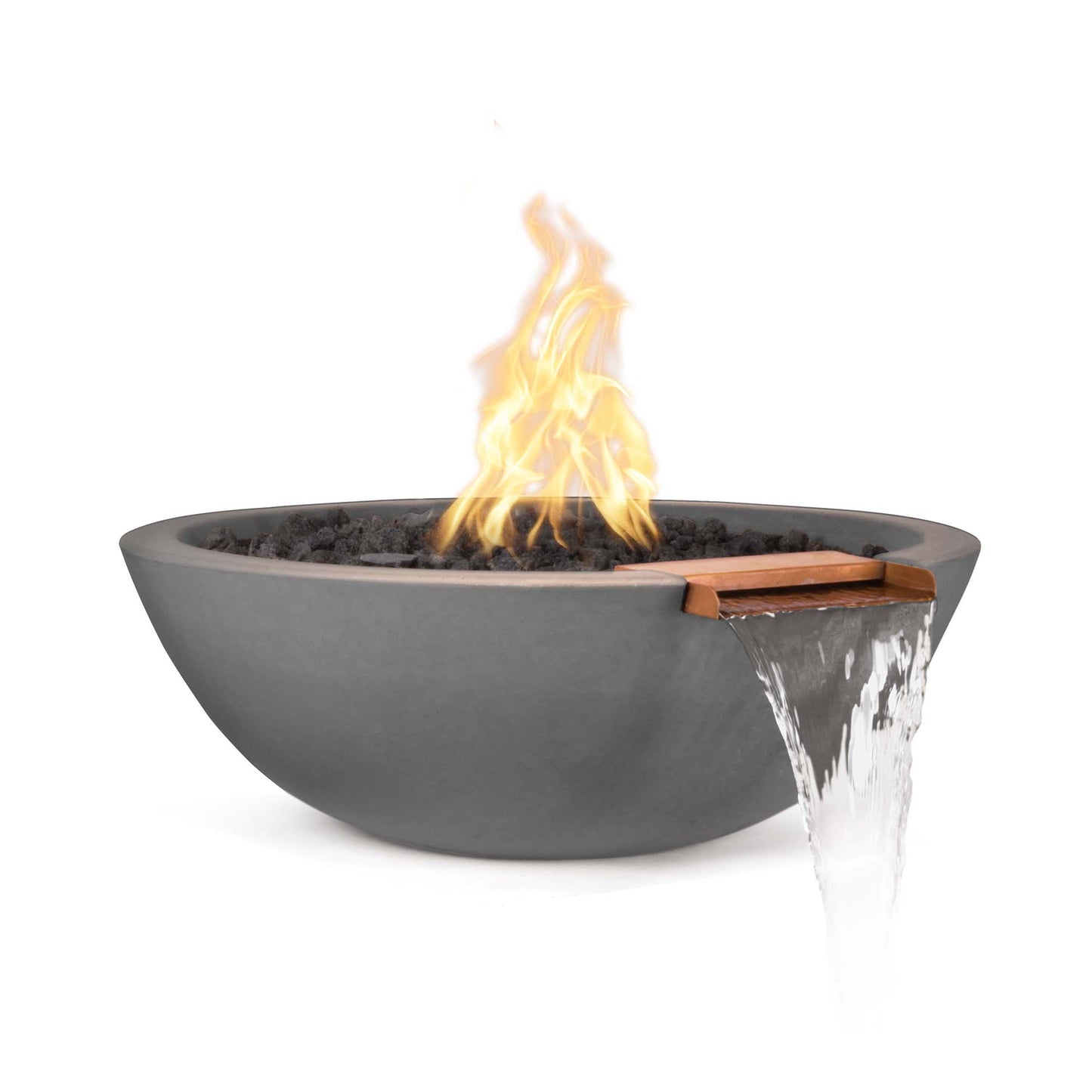 The Outdoor Plus Round Sedona 27" Ash GFRC Concrete Liquid Propane Fire & Water Bowl with Match Lit with Flame Sense Ignition