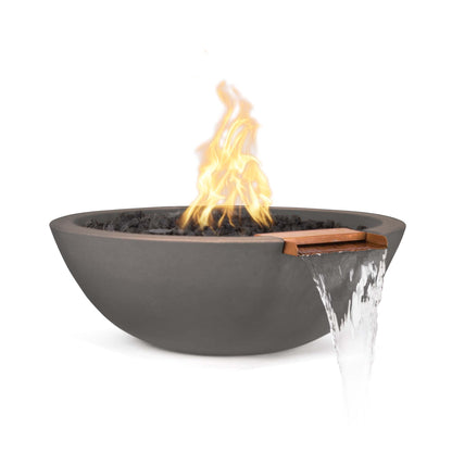 The Outdoor Plus Round Sedona 27" Brown GFRC Concrete Liquid Propane Fire & Water Bowl with Match Lit with Flame Sense Ignition