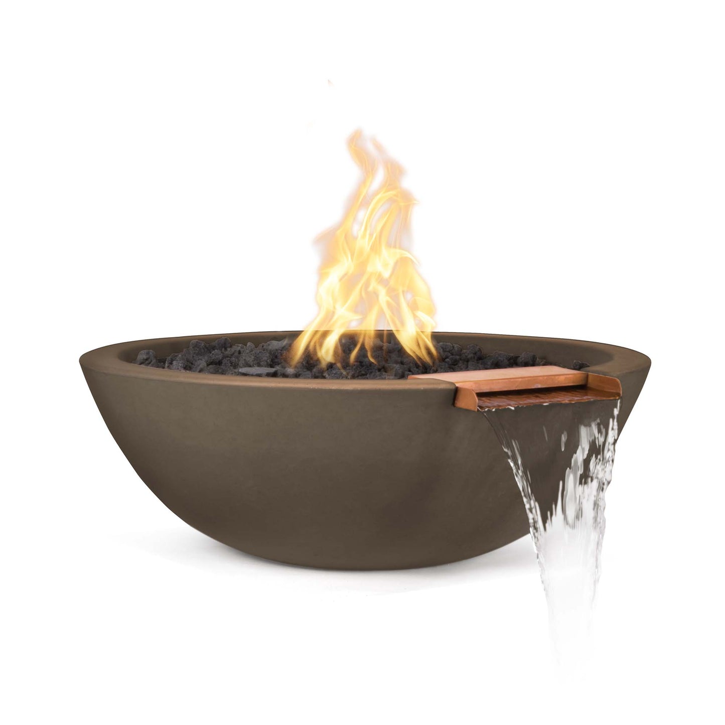 The Outdoor Plus Round Sedona 27" Chocolate GFRC Concrete Liquid Propane Fire & Water Bowl with Match Lit with Flame Sense Ignition