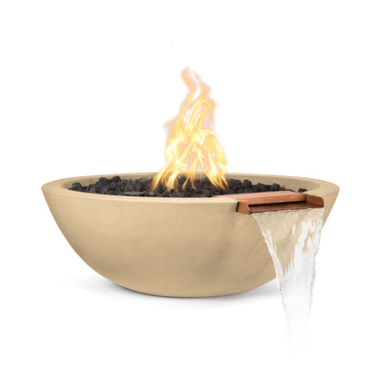 The Outdoor Plus Round Sedona 27" Chocolate GFRC Concrete Liquid Propane Fire & Water Bowl with Match Lit with Flame Sense Ignition