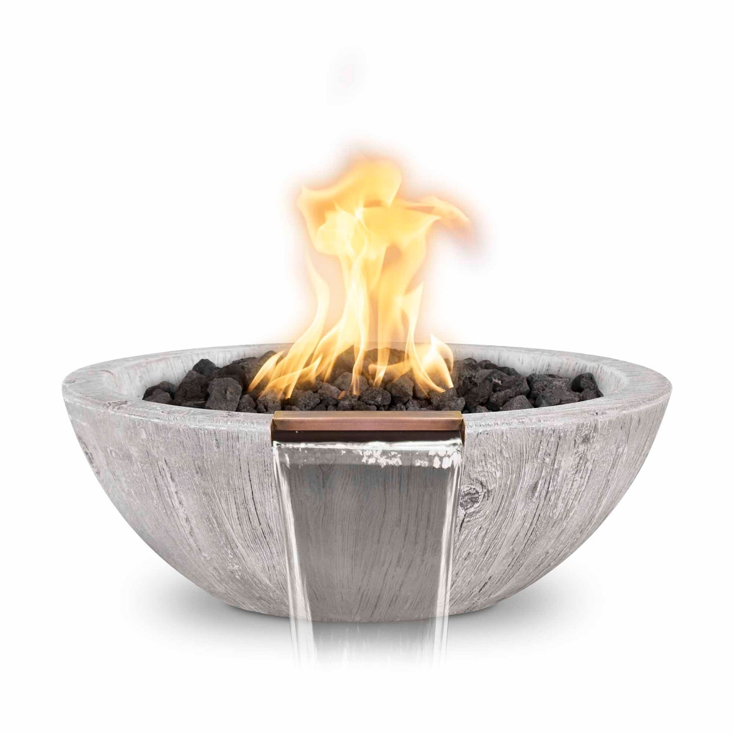 The Outdoor Plus Round Sedona 27" Ivory Wood Grain Liquid Propane Fire & Water Bowl with Match Lit with Flame Sense Ignition
