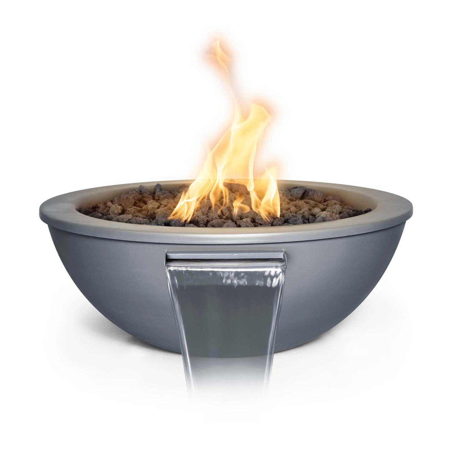 The Outdoor Plus Round Sedona 27" Java Powder Coated Metal Liquid Propane Fire & Water Bowl with Match Lit with Flame Sense Ignition