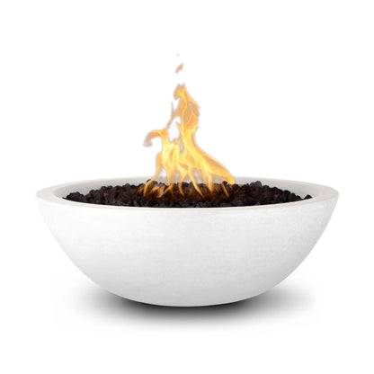The Outdoor Plus Round Sedona 27" Metallic Silver GFRC Concrete Liquid Propane Fire Bowl with Match Lit with Flame Sense Ignition